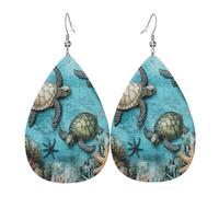 Quteprint Drop Shaped Leather Earring For Women - Vintage Sea Turtle Starfish Map Lightweight Faux Leather Drop Earrings - Silver-Plated Hook, Non-Tarnish For Daily Wear, 1.49x2.24in