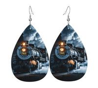 Quteprint Drop Shaped Leather Earring For Women - Vintage Steam Train Lightweight Faux Leather Drop Earrings - Silver-Plated Hook, Non-Tarnish For Daily Wear, 1.49x2.24in
