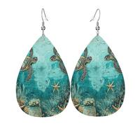 Quteprint Drop Shaped Leather Earring For Women - Vintage Turtles Map Starfish Lightweight Faux Leather Drop Earrings - Silver-Plated Hook, Non-Tarnish For Daily Wear, 1.49x2.24in