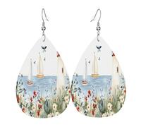Quteprint Drop Shaped Leather Earring For Women - Watercolor Lighthouse Ship Flowers Lightweight Faux Leather Drop Earrings - Silver-Plated Hook, Non-Tarnish For Daily Wear, 1.49x2.24in