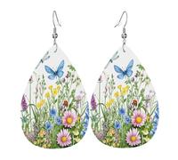 Quteprint Drop Shaped Leather Earring For Women - Wildflowers Dragonfly Butterfly Herbs Lightweight Faux Leather Drop Earrings - Silver-Plated Hook, Non-Tarnish For Daily Wear, 1.49x2.24in