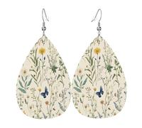 Quteprint Drop Shaped Leather Earring For Women - Wildflowers Herbs Butterfly Lightweight Faux Leather Drop Earrings - Silver-Plated Hook, Non-Tarnish For Daily Wear, 1.49x2.24in