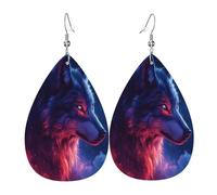 Quteprint Drop Shaped Leather Earring For Women - Wolf Glowing Eyes Galaxy Lightweight Faux Leather Drop Earrings - Silver-Plated Hook, Non-Tarnish For Daily Wear, 1.49x2.24in