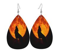 Quteprint Drop Shaped Leather Earring For Women - Wolf Howling At The Moon Lightweight Faux Leather Drop Earrings - Silver-Plated Hook, Non-Tarnish For Daily Wear, 1.49x2.24in