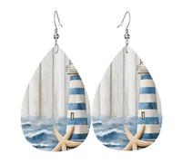 Quteprint Drop Shaped Leather Earring For Women - Wooden Sea Lighthouse Starfish Lightweight Faux Leather Drop Earrings - Silver-Plated Hook, Non-Tarnish For Daily Wear, 1.49x2.24in