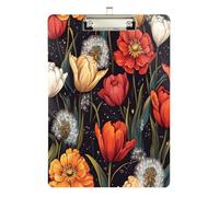 Quteprint Fantasy Dandelions Tulips Flower Acrylic Clipboard, 9" x 12.5" Clear Scratch-Resistant Clip Board with (Silver) Metal Clip & Wall Hook - 0.25" Thick for Office Classroom Nurses Teachers Stud