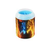 Quteprint Fire Two Wolves Facing Wolf Dog Paw Cleaner Cup - Pet Foot Washer with Soft Silicone Brush, Portable Muddy Paw Cleaner for Small, Medium, Large Breed Dogs & Cats (2.56x2.56x4.53inch)