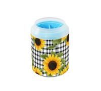 Quteprint Floral Sunflowers Plaid Pattern Dog Paw Cleaner Cup - Pet Foot Washer with Soft Silicone Brush, Portable Muddy Paw Cleaner for Small, Medium, Large Breed Dogs & Cats (2.56x2.56x4.53inch)