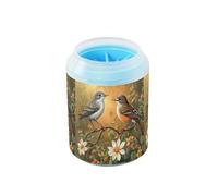 Quteprint Flowers Birds on Tree Branch Dog Paw Cleaner Cup - Pet Foot Washer with Soft Silicone Brush, Portable Muddy Paw Cleaner for Small, Medium, Large Breed Dogs & Cats (2.56x2.56x4.53inch)