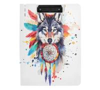 Quteprint Foldable Binder Clipboard, Indian Watercolor Wolf Boho A4 File Folder Clipboard with Double Metal Clips, Pen Slot - Water-Resistant Document Organizer File Clipboards for Office School Work