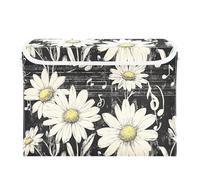 Quteprint Foldable Storage Bin Basket with Lid - Daisy Music Notes Stripe Retro Large Collapsible Storage Box Organizer for Home Office & Books, Clothes, Toys Storage, 16.5"x12.6"x11.8"