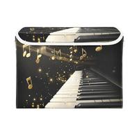 Quteprint Foldable Storage Bin Basket with Lid - Piano Music Notes Gold Large Collapsible Storage Box Organizer for Home Office & Books, Clothes, Toys Storage, 16.5"x12.6"x11.8"