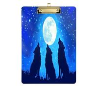 Quteprint Howling Wolf Moon Star Acrylic Clipboard, 9" x 12.5" Clear Scratch-Resistant Clip Board with (Gold) Metal Clip & Wall Hook - 0.25" Thick for Office Classroom Nurses Teachers Students