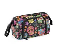 Quteprint Large Capacity Pencil Case, Colorful Floral Sugar Skulls Portable Pencil Bag Pen Case Pouch with Zipper, Office School Stationery Bag Pencil Box Holder for Teens Girls Boys Adults Student