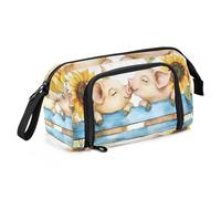 Quteprint Large Capacity Pencil Case, Cute Pigs Kissing Sunflowers Portable Pencil Bag Pen Case Pouch with Zipper, Office School Stationery Bag Pencil Box Holder for Teens Girls Boys Adults Student