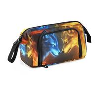Quteprint Large Capacity Pencil Case, Fire Two Wolves Facing Wolf Portable Pencil Bag Pen Case Pouch with Zipper, Office School Stationery Bag Pencil Box Holder for Teens Girls Boys Adults Student