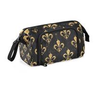 Quteprint Large Capacity Pencil Case, Fleur De Lis Gold Glitter Portable Pencil Bag Pen Case Pouch with Zipper, Office School Stationery Bag Pencil Box Holder for Teens Girls Boys Adults Student