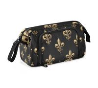 Quteprint Large Capacity Pencil Case, Gold Fleur De Lis Flower Portable Pencil Bag Pen Case Pouch with Zipper, Office School Stationery Bag Pencil Box Holder for Teens Girls Boys Adults Student