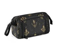 Quteprint Large Capacity Pencil Case, Gold Fleur De Lis Flower Stars Portable Pencil Bag Pen Case Pouch with Zipper, Office School Stationery Bag Pencil Box Holder for Teens Girls Boys Adults Student