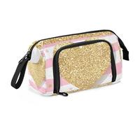 Quteprint Large Capacity Pencil Case, Gold Glitter Heart Stripe Portable Pencil Bag Pen Case Pouch with Zipper, Office School Stationery Bag Pencil Box Holder for Teens Girls Boys Adults Student