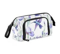 Quteprint Large Capacity Pencil Case, Hummingbirds Purple Iris Flower Portable Pencil Bag Pen Case Pouch with Zipper, Office School Stationery Bag Pencil Box Holder for Teens Girls Boys Adults Student