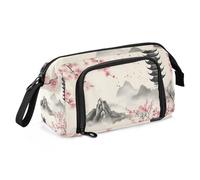 Quteprint Large Capacity Pencil Case, Japanese Landscape Cherry Blossoms Portable Pencil Bag Pen Case Pouch with Zipper, Office School Stationery Bag Pencil Box Holder for Teens Girls Boys Adults Stud