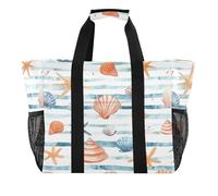 Quteprint Large Waterproof Travel Tote Bag for Women Men, Colorful Seashells Starfish Stripes Canvas Beach Bag with Lining & Pockets - Reusable Grocery/Laundry/Kitchen/Pool/Picnic Tote (15.4x9.8x12.8i