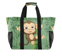 Quteprint Large Waterproof Travel Tote Bag for Women Men, Cute Animal Monkey Trees Canvas Beach Bag with Lining & Pockets - Reusable Grocery/Laundry/Kitchen/Pool/Picnic Tote (15.4x9.8x12.8in)