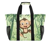 Quteprint Large Waterproof Travel Tote Bag for Women Men, Cute Cartoon Monkey Trees Canvas Beach Bag with Lining & Pockets - Reusable Grocery/Laundry/Kitchen/Pool/Picnic Tote (15.4x9.8x12.8in)