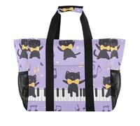 Quteprint Large Waterproof Travel Tote Bag for Women Men, Cute Dancing Cats Music Notes Canvas Beach Bag with Lining & Pockets - Reusable Grocery/Laundry/Kitchen/Pool/Picnic Tote (15.4x9.8x12.8in)