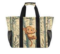 Quteprint Large Waterproof Travel Tote Bag for Women Men, Cute Monkey Bamboo Trees Canvas Beach Bag with Lining & Pockets - Reusable Grocery/Laundry/Kitchen/Pool/Picnic Tote (15.4x9.8x12.8in)