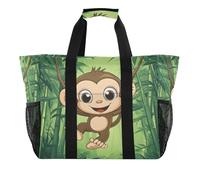 Quteprint Large Waterproof Travel Tote Bag for Women Men, Cute Monkey Bamboos Canvas Beach Bag with Lining & Pockets - Reusable Grocery/Laundry/Kitchen/Pool/Picnic Tote (15.4x9.8x12.8in)