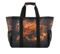 Quteprint Large Waterproof Travel Tote Bag for Women Men, Fiery Running Tiger Flames Canvas Beach Bag with Lining & Pockets - Reusable Grocery/Laundry/Kitchen/Pool/Picnic Tote (15.4x9.8x12.8in)