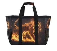 Quteprint Large Waterproof Travel Tote Bag for Women Men, Fiery Tiger Flames Canvas Beach Bag with Lining & Pockets - Reusable Grocery/Laundry/Kitchen/Pool/Picnic Tote (15.4x9.8x12.8in)