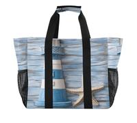 Quteprint Large Waterproof Travel Tote Bag for Women Men, Lighthouse Starfish Wooden Canvas Beach Bag with Lining & Pockets - Reusable Grocery/Laundry/Kitchen/Pool/Picnic Tote (15.4x9.8x12.8in)