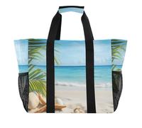 Quteprint Large Waterproof Travel Tote Bag for Women Men, Ocean Sea Starfish Seashell Palms Canvas Beach Bag with Lining & Pockets - Reusable Grocery/Laundry/Kitchen/Pool/Picnic Tote (15.4x9.8x12.8in)