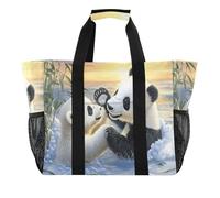 Quteprint Large Waterproof Travel Tote Bag for Women Men, Panda Polar Bear Sunset Canvas Beach Bag with Lining & Pockets - Reusable Grocery/Laundry/Kitchen/Pool/Picnic Tote (15.4x9.8x12.8in)