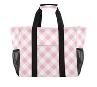 Quteprint Large Waterproof Travel Tote Bag for Women Men, Pastel Pink Plaid Pattern Canvas Beach Bag with Lining & Pockets - Reusable Grocery/Laundry/Kitchen/Pool/Picnic Tote (15.4x9.8x12.8in)