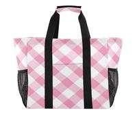 Quteprint Large Waterproof Travel Tote Bag for Women Men, Pink Plaid Pattern Canvas Beach Bag with Lining & Pockets - Reusable Grocery/Laundry/Kitchen/Pool/Picnic Tote (15.4x9.8x12.8in)