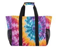 Quteprint Large Waterproof Travel Tote Bag for Women Men, Rainbow Swirl Tie Dye Canvas Beach Bag with Lining & Pockets - Reusable Grocery/Laundry/Kitchen/Pool/Picnic Tote (15.4x9.8x12.8in)