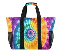 Quteprint Large Waterproof Travel Tote Bag for Women Men, Rainbow Tie Dye Swirl Canvas Beach Bag with Lining & Pockets - Reusable Grocery/Laundry/Kitchen/Pool/Picnic Tote (15.4x9.8x12.8in)
