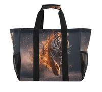 Quteprint Large Waterproof Travel Tote Bag for Women Men, Running Fiery Tiger Canvas Beach Bag with Lining & Pockets - Reusable Grocery/Laundry/Kitchen/Pool/Picnic Tote (15.4x9.8x12.8in)