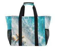 Quteprint Large Waterproof Travel Tote Bag for Women Men, Sea Beach Starfish Seashell Canvas Beach Bag with Lining & Pockets - Reusable Grocery/Laundry/Kitchen/Pool/Picnic Tote (15.4x9.8x12.8in)