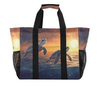 Quteprint Large Waterproof Travel Tote Bag for Women Men, Sea Beach Turtle Sunset Canvas Beach Bag with Lining & Pockets - Reusable Grocery/Laundry/Kitchen/Pool/Picnic Tote (15.4x9.8x12.8in)