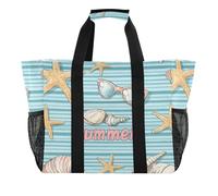 Quteprint Large Waterproof Travel Tote Bag for Women Men, Sea Seashells Starfish Stripes Canvas Beach Bag with Lining & Pockets - Reusable Grocery/Laundry/Kitchen/Pool/Picnic Tote (15.4x9.8x12.8in)