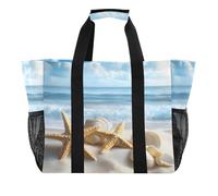 Quteprint Large Waterproof Travel Tote Bag for Women Men, Sea Summer Seashells Starfish Canvas Beach Bag with Lining & Pockets - Reusable Grocery/Laundry/Kitchen/Pool/Picnic Tote (15.4x9.8x12.8in)