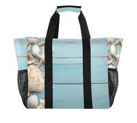 Quteprint Large Waterproof Travel Tote Bag for Women Men, Sea Wooden Seashells Starfish Canvas Beach Bag with Lining & Pockets - Reusable Grocery/Laundry/Kitchen/Pool/Picnic Tote (15.4x9.8x12.8in)