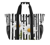Quteprint Large Waterproof Travel Tote Bag for Women Men, Stripe Music Notes Daisy Flower Canvas Beach Bag with Lining & Pockets - Reusable Grocery/Laundry/Kitchen/Pool/Picnic Tote (15.4x9.8x12.8in)