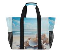 Quteprint Large Waterproof Travel Tote Bag for Women Men, Summer Sea Seashells Starfish Canvas Beach Bag with Lining & Pockets - Reusable Grocery/Laundry/Kitchen/Pool/Picnic Tote (15.4x9.8x12.8in)