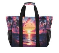 Quteprint Large Waterproof Travel Tote Bag for Women Men, Sunset Sea Palm Tree Art Canvas Beach Bag with Lining & Pockets - Reusable Grocery/Laundry/Kitchen/Pool/Picnic Tote (15.4x9.8x12.8in)